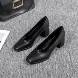 Shoes Women Black Heel Square Head Comfortable Coarse Leather Single Shoes Flats To Work Leather Shoes High Heel Professional Women's