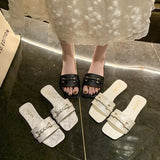 Breakj Slippers Female Metal Chain One Word Drag Flat Home Slippers Female Womens Flats