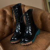 Women Motorcycle Boots Retro Female British Style Cross Straps Ladies Platform Mid-heel Booties with Side Zip Ankle