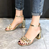 Sandals with Low Heels Women Sandals 2021 Summer Shoes Women Open Toe Crystal Chunky Sandals Heels Women Gold