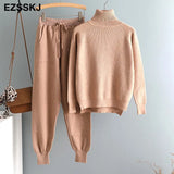 2 Pieces Set Women Knitted Tracksuit Turtleneck Sweater + Carrot Jogging Pants Pullover Sweater Set CHIC Knitted