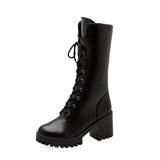 New Buckle Winter Motorcycle Boots Women British Style mid-calf Boots Gothic Punk square Heel solid Boot Women