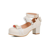 Women Cute Lolita Cosplay Shoes Bow Mid Chunky Heel Heart Strap Platform Mary Jane Pumps Kawaii Sweet School Girl