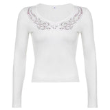 Autumn V Neck Basic Black Long Sleeve T Shirt Casual Autumn Rhinestone Print Crop Top Tshirt Woman Fashion