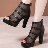 2022 Peep Toe Sandal Boots Mesh Summer Heels Women's High Heeled Platform Shoes Hollow Out Square Heel Back Zip