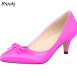 Women Sexy Low Mid Kitten Heels Shoes PU Patent Leather Pointed Toe Work Pumps With Bowknot wedding shoes