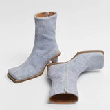 Breakj Square Head Thin Heel Opposite Sex With Cowboy Do Old Fabric Side Zipper Fashion Plus Size Vintage Ankle Boots Women's