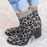 Leopard Ankle Boot Knitting Woman Sock Boots Fashion Autumn Female Block Chunky Heels Comfortable Ladies Short
