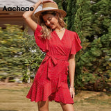 Summer Women Elegant Dot Print Mini Dresses Boho Ruffles Short Sleeve Sashes Dress Female V Neck A Line Chic Party