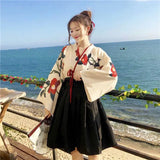 Japanese Sweet Kawaill Girl Kimono Cardigan Prove Kimonos Coat Flower Print Badange Skirt 2 PCS Sets Black