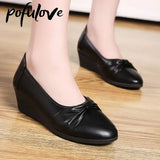 Women Wedges Pumps PU Leather Heels Slip on Shoes Black Office Lady Shoes Spring Summer Pumps Shallow Platform
