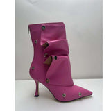 Breakj New High Heel Pointed Metal Rivet Jeans Splicing Two Wear Pile And Knee Boots Large Size Women's