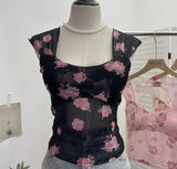 Fang Collar Broken Flower Mesh Flying Sleeve With Breast Pad Sling Vest Short Umbilly Sleeveless Top Lady