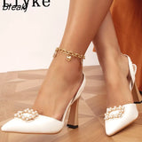 Sexy Pointed Toe Women Pumps Sandals Fashion Pearl Buckle Summer PU Leather High Heels Party Prom Shoes Escarpins