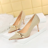 Breakj Thousand Bird Case High Heels Slender High Heels Shallow Pointed Pearl Chain Plaid Women's Single