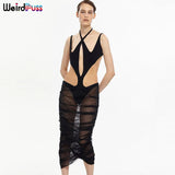 Puss Sexy Mesh Patchwork Dresses Women Hollow Out Ruched Solid Color Skinny Slim See Through Bodycon Summer Party