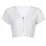 Zipper Casual Loose Long Sleeve Cropped Tshirt Autumn Fashion V Neck Crop Top T Shirt Women Chic Cotton