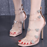 Square Toe High Heel Sandals Party Shoes Three Color Clear Acrylic Butterfly Design 2021 womens