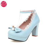 EDEELVEEY Lolita Party Shoes Platform Round Toe High Heels Princess Cosplay Mary Janes Plus Size Women Pumps Lace Ruffles