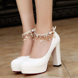 Women Wedding Shoes Crystal Preal Ankle Strap Bridal Shoes Woman Dress Shoes Seay Pumps Sweet Party