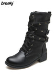 2023 New Women Rivets Buckle Winter Motorcycle Boots British Style Gothic Punk Med Heel Black Boot