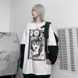 T-shirt Autumn Korean Style Harajuku Bf Style Dark Girl Printing Loose Fake Two-piece Female Student Top
