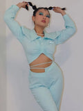 Drawstring Top Turn Down Folds Letter Embroidery Ladies Sexy Long Sleeve Waist Cute 2021 Autumn Basic Casual