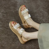 2022 Comfort Pleated Women Sandals Sexy Round Toe Design Flat Heel Ladies Shoes Buckle Wedge Slingback Wedding Dress