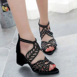 2020 New Style Women Summer Hollow Out Faux Leather Rhinestones Thick Heel Zipper Sandals Shoes