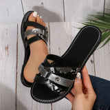 Women's Shoes Flat-Bottomed Snake-Collaged Slippers Women Willow-Pin Round Head Beach