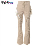 Puss Y2K Lace Up High Waist Straight Pants Women Casual Hollow Skinny Trousers Autumn Loose Chic Wild Streetwear