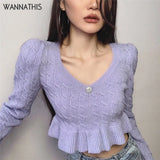 Knit Crop Sweater V Neck For Women Ruffles Long Sleeve Waist Korean Fashion Slim Pullover Diamond Warm Jumper