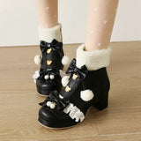 Women Winter Snow Warm Lambswool Fur Plush Lining PU Leather Ankle Boots Pearl Bowknot Anime Cosplay Girls Lolita Platform