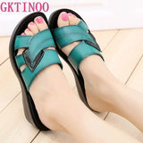Slippers Shoes Genuine Leather Casual Slides Women Summer Shoes Retro Solid Mother Shoes Wedges Flip