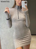 Knit Mini Dress Zipper Turtleneck Long Sleeve Women Bodycon Casual Fashion Grey Autumn Ladies Elegant Sexy Dress
