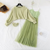 Autumn Winter Women Sweet Two Pieces Suit Knitted Sweater O Neck Sweaters and Dress Set Female
