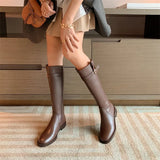Med Heel Riding Boots Woman Real Leather Knee High Boots Zipper Thick Heel Buckle Female Shoes Autumn Winter Brown