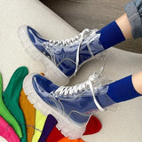Women Rain Boots Mature Ladies Lace-up Waterproof Ladies Shoes Transparent Candy Color Soles Outdoor Girl