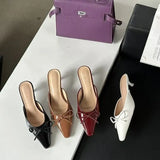Breakj New Bows Fine Heels Large-Size Wine Red Wear Slippers Retro Tip