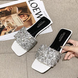 Breakj Rhinestone Flat Bottom Slippers Female Summer New One Foot Pedal Home Broken Diamond Slippers