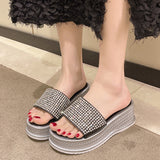 slippers Sequined High-heeled One-word Slippers Women Summer Outer Wear Platform Beach Comfort Sandals slippers