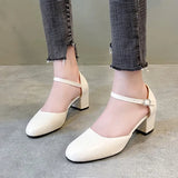 Women In High Heels 2023 New Round Head, Simple, Shallow, Single Shoes, Buckle, Thick Heels, Medium Heels, High Heels In Four