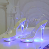 Breakj 34-43 Sexy Super High Heels Luminous Thin Heel Waterproof Platform Sandal Transparent Model Crystal Shoes Wedding