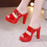 Leather Waterproof Table High Heels Thick Heel Slippers Women 2023 Summer Fashion Muffin Thick Soles Wear Fish Mouth Slippers Large