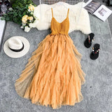 New Women Tulle Dress Summer Mesh Dress Summer High Waist Hem Asymmetrical Pleated Fairy Dress Female Slim
