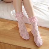 Lovely Girls Sweet Elastic Jacquard Ruffle Fishnet Black White Stockings Transparent Hollow New Lace Knee High 1