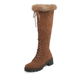 Fashion Rabbit Fur Snow Boots For Women Rubber Sole Knee High Boots Winter Warm Shoes Chunky Heel Faux Suede Plus