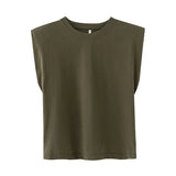 New Spring Women Shoulder Pads Profile Vest T Shirt Female Solid Loose Tops