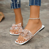 Breakj Plus Size Rhinestone Beach Slippers Female Bow String Beads Decoration Sequined Flat