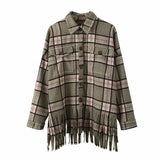 Chic Green Plaid Tassel Shirt Jacket Women Fashion Rivet Pockets Single Breasted Lapel Collar Coat